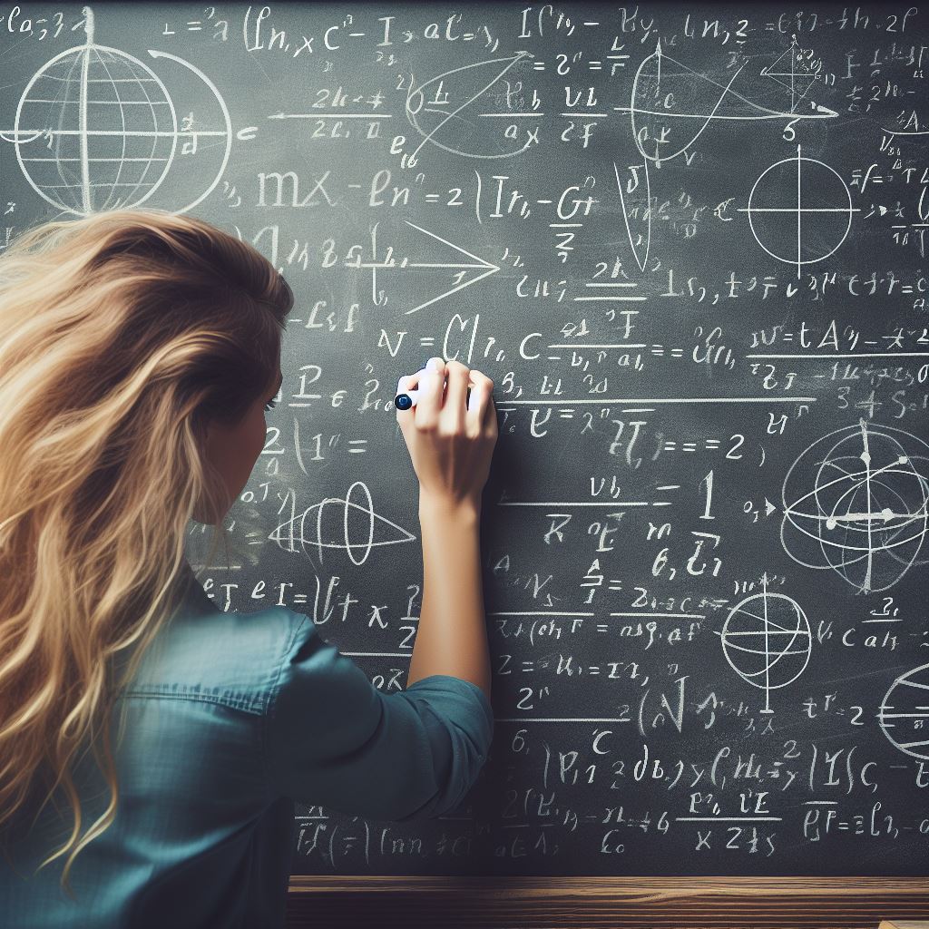 A woman writing Einstein's relativity equations on a blackboard