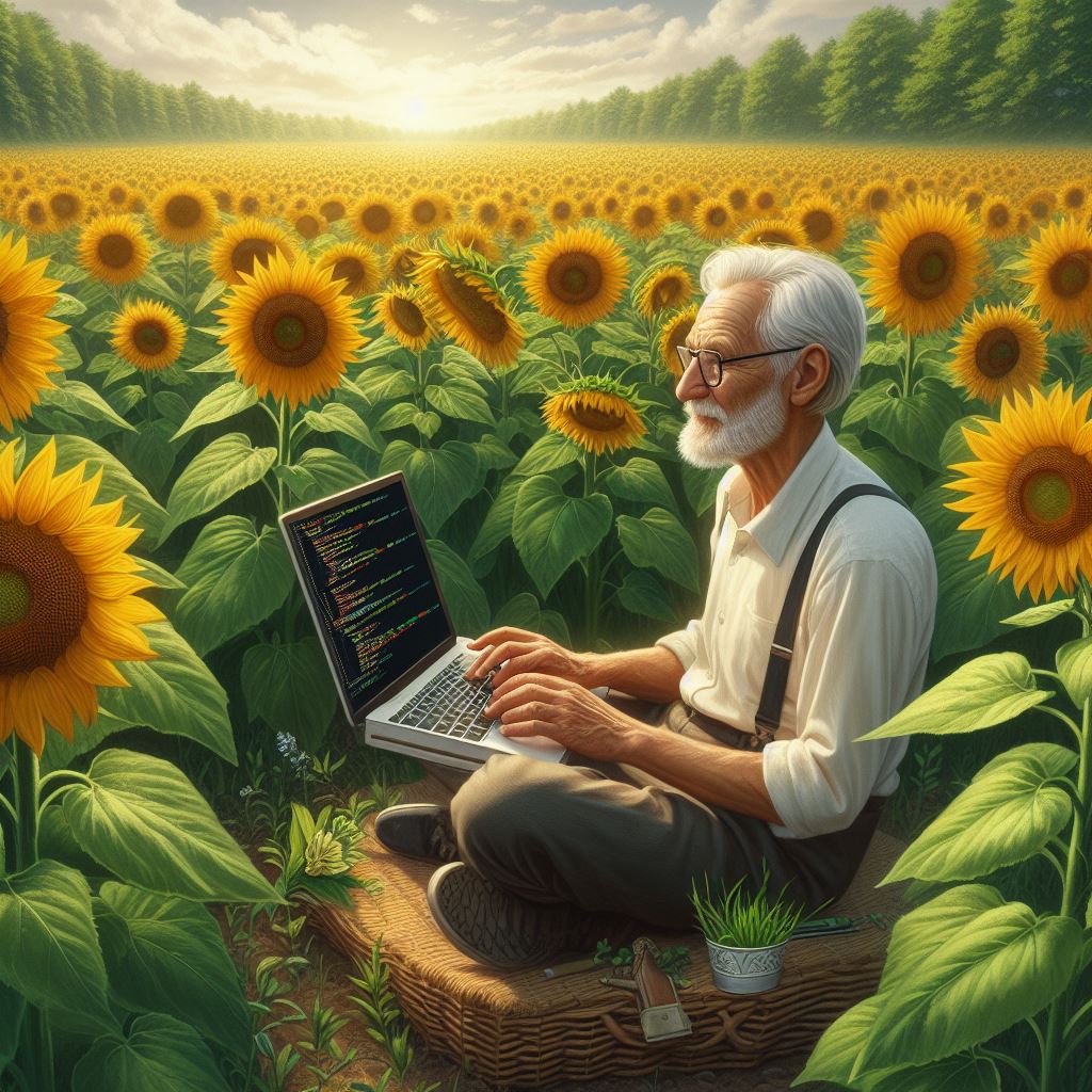 A man writing computer code in a field of sunflowers